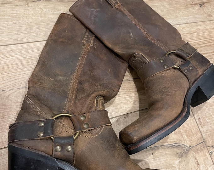 VTG 90s Frye Harness 12R Boots Made in USA Square Toe Brown Leather Women’s 7