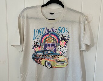 Vintage 80s “Lost in the 50s” Neon Car Tee | Single Stitch | Adult Unisex