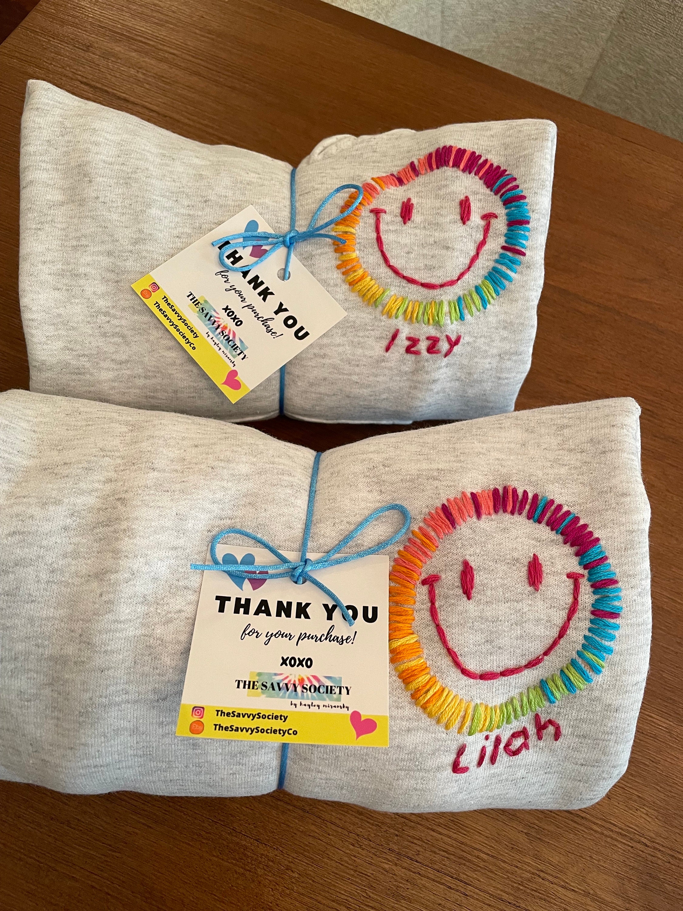 Custom/Personalized Kid's Hooded sweatshirt with Hand Embroidered Smiley Face and Name Smile Unisex Hand Stitched