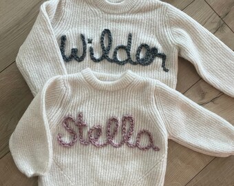 CUSTOM Baby/Toddler Name Knit Sweater | stitched by hand | made to order | embroidered name with yarn