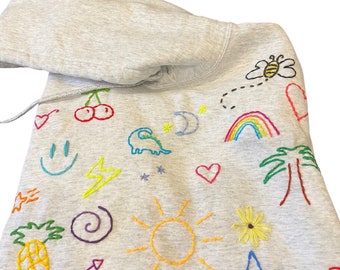 Op maat gemaakt handgeborduurd DOODLE-sweater | Op bestelling gemaakt | Uniek in zijn soort | Sweater met capuchon | Uniseks | Trui | Uniek | Met de hand gestikt