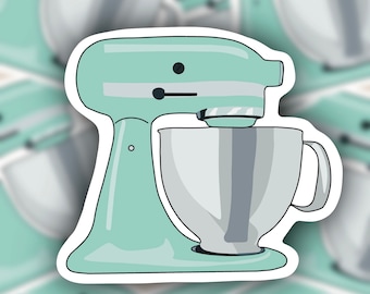May include: A teal blue stand mixer with a silver bowl and a handle. The mixer has a black knob and a black lever.