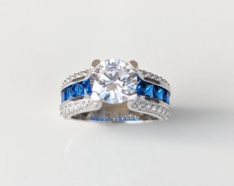 Sterling Silver Princess Cut Clear Blue Spinel CZ Ring