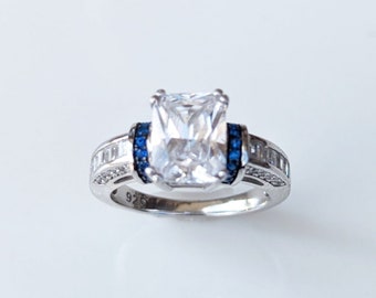 Sterling Silver Clear Emerald Cut Blue CZ Ring