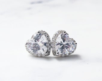 Sterling Silver Clear Heart Cubic Zirconia Earrings
