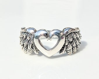 Sterling Silver Heart with Angel Wings Ring