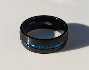 Titanium Black with Blue Steel Cable Band Ring