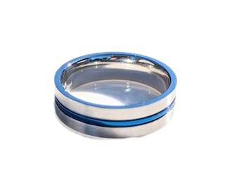 Stainless Steel Satin Finish Blue Striped Band Ring