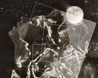 May include: A black and white abstract image of a woman's face and body with a full moon in the background. The image is stylized with a swirling, marbled effect.