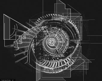 May include: A black and white abstract image of a spiral staircase with geometric shapes superimposed over it. The image has a vintage, industrial feel.