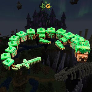 May include: A green and brown dragon-shaped sculpture with a sword. The sculpture is made of blocks and has a castle and landscape background. The sculpture has a green glow.