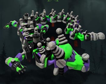 May include: A multi-colored, stylized sculpture of a creature with a mechanical design. The sculpture features green, purple, black, and gray elements. The creature has a spiky spine and various mechanical components. The background shows a spooky house and a logo.