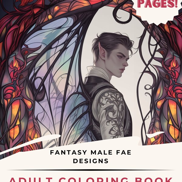 Fantasy Male Fae & Illyrian Adult Coloring Book in Easy PDF Format, Digital Download, Art Illustrations, Advanced Coloring, Greyscale BW