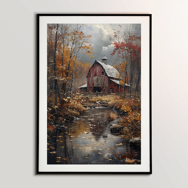 Old Barn Portrait Print, Industrial Naturalism, Rainy Day Barn Print, Old Barn Print, Oil Paint Style