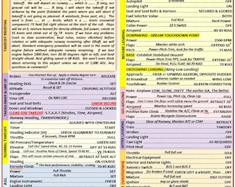 Könnte beinhalten: Eine detaillierte Checkliste für Piloten, die die normalen Verfahren für Start, Landung und Durchstarten beschreibt. Die Checkliste enthält Schritte zum Einstellen des Höhenmessers, zum Anpassen der Drosselklappe und zum Verwalten der Klappen. Sie enthält auch Anweisungen für den Umgang mit Notfällen, wie z. B. einem Triebwerksausfall.