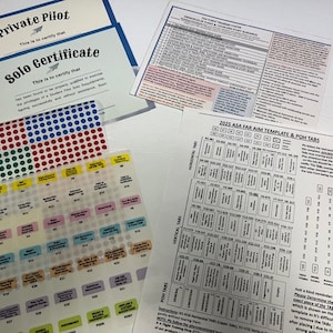 May include: A set of colourful stickers with a grid of small circles and squares. The stickers are labelled with numbers and text. The text includes "Private Pilot", "Solo Certificate", "2025 ASA FAR AIM TEMPLATE & POHTABS", and "POH TABS".