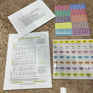 May include: A set of flight training materials including a visual flight training poster, a 2023 Gleim FAR Aim Template & POI Tabs, and a sheet of colourful dot stickers. The poster lists various flight training topics, the template is a grid with numbered squares, and the stickers have different coloured dots and text labels.