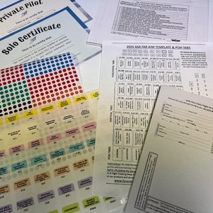 May include: A set of aviation training materials including a "Private Pilot" and "Solo Certificate" document, a sheet of coloured dots, a sheet of stickers with various aviation terms, and a "2025 ASA FAR AIM Template & POH Tabs" document.