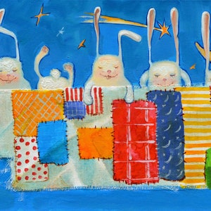 IMPRESSÃO de lebres originais em acrílico e pintura a óleo, lebres sob uma colcha de retalhos, presente de inauguração, decoração boho de berçário, pintura azul
