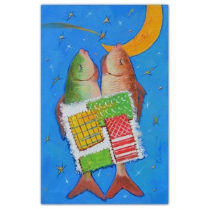 Peixe pintado a óleo e acrílico, decoração boho, peixe sob uma colcha de retalhos, casal, presente de inauguração, decoração de berçário, pintura azul, impressão artística