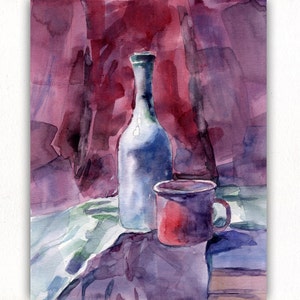 Still life with cup and bottle, watercolor art on paper 200 gsm, 8x10 inch, original painting, wall decor, farmhouse decor, kitchen decor