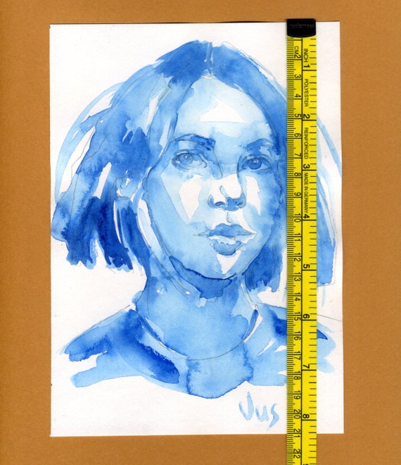 Original Blue Watercolor Girl Portrait: Contemporary Art