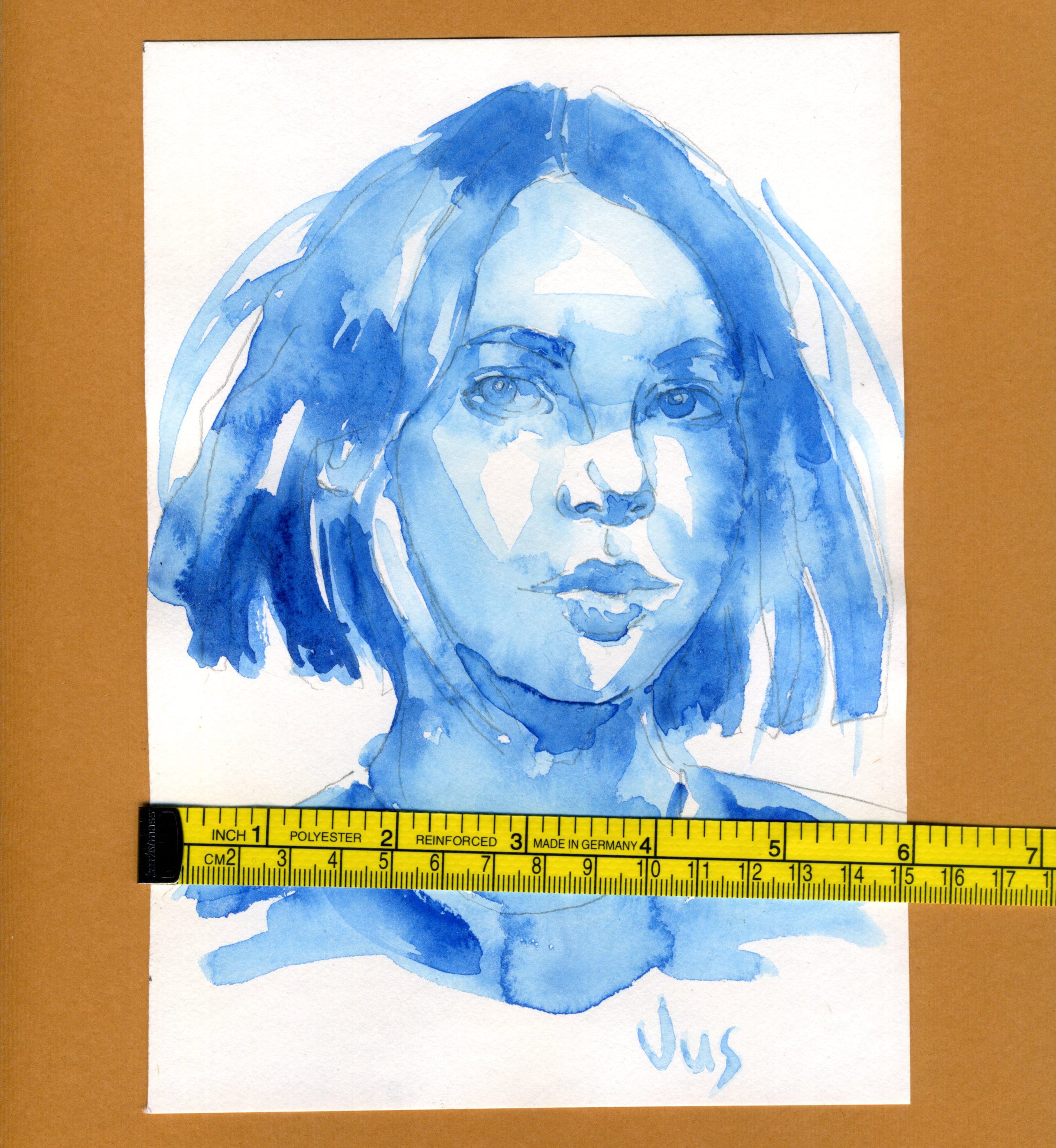 Face Drawing, Girl Portrait, Blue Monochrome Watercolor
