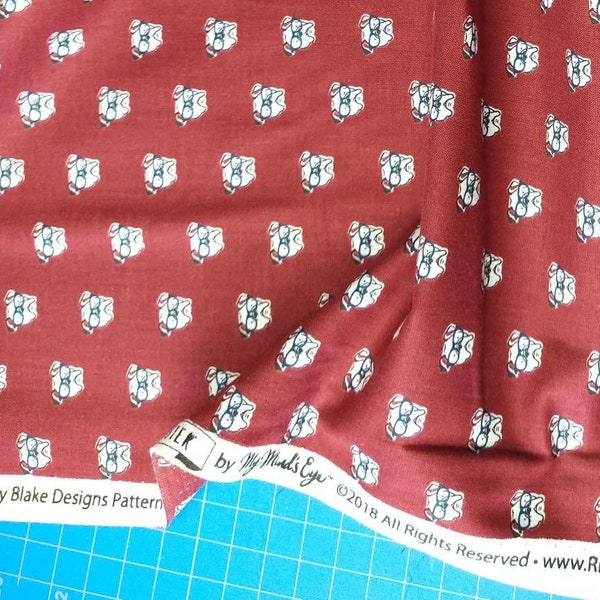 Maroon Bulldog Fabric by Riley Blake, Hey Mister Collection, burgundy dog yardage, red pup material, mascot fabric, small scale dog fabric