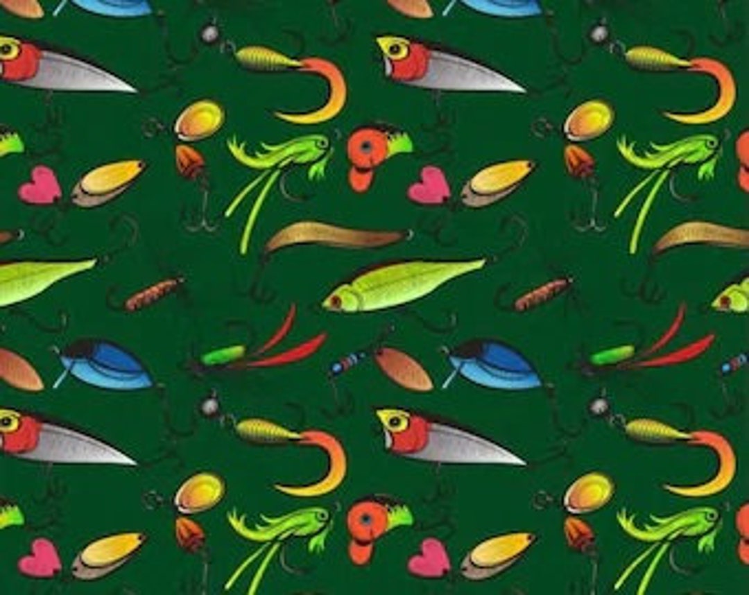 MDG Fishing Lures Fabric by the Half Yard, Outdoors Boy Manly Material