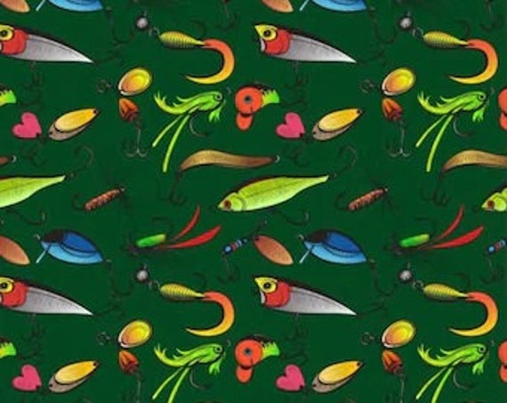 MDG Fishing Lures Fabric by the Half Yard, Outdoors Boy Manly Material,  Quilting Cotton Fabric, Mask Fabric, Green Lure Craft Material 