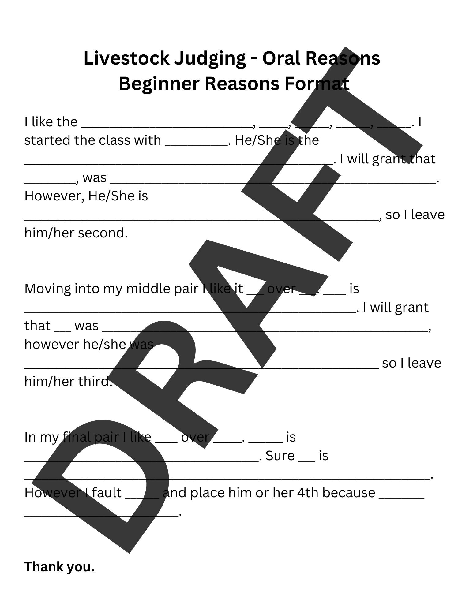 Livestock Judging Oral Reasons Beginner Reasons Format / Great for 4H
