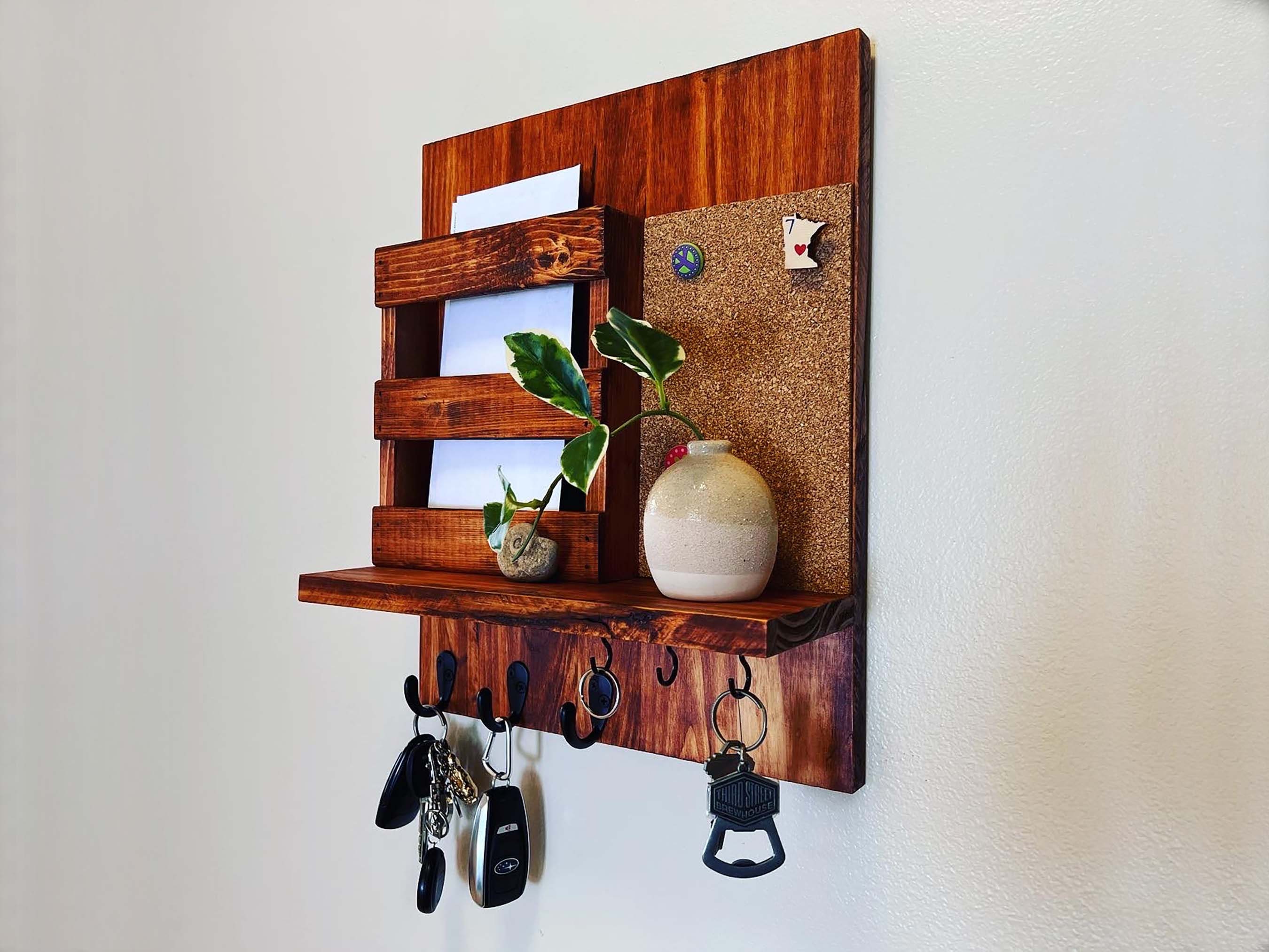 Wooden Key Holder for Wall Decorative Mail and Key Holder Organizer with 4  Key Hooks and “Z” Shape Wall Mount Floating Shelf,Rustic Home Decor for