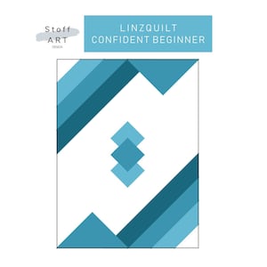 Könnte beinhalten: Ein Quiltmusterdesign mit dem Titel "Linzquilt Confident Beginner" in weißem Text auf einem blauen Rechteck. Das Muster zeigt eine Reihe von blauen und türkisfarbenen Dreiecken und Quadraten.