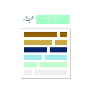 Könnte beinhalten: Ein Diagramm mit einem Raster aus farbigen Rechtecken. Die Farben sind Braun, Gold, Dunkelblau, Hellblau, Hellgrün und Hellgrau. Das Diagramm ist oben mit "Amsterdam Quilt Beginner" beschriftet.