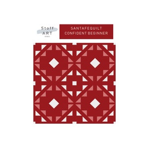 Könnte beinhalten: Ein rotes und weißes Quiltmuster mit geometrischem Design. Das Muster heißt "Santa Fe Quilt" und wird als "sicherer Anfänger" -Projekt beschrieben.