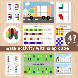 May include: A set of 47 printable math activity worksheets featuring colorful snap cubes. The worksheets include activities such as copying patterns, completing patterns, and building a city.