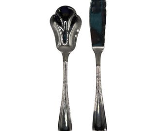 Conjunto de faca para manteiga e colher para geleia Pfaltzgraff Biscayne em aço inoxidável, modelo descontinuado com ponta em leque brilhante (1995-2000).