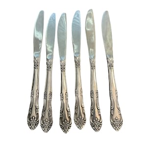May include: A set of six silver-toned metal dinner knives arranged vertically. Each knife features a smooth, polished blade and a decorative handle with embossed floral patterns, including small flower clusters and leaf-like scrollwork details.