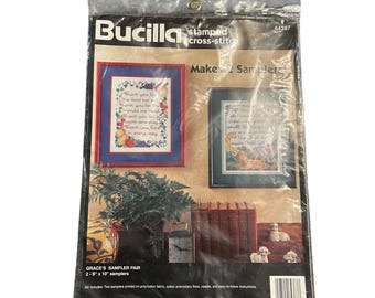 Bucilla Cross-Stitch Kit 64387 Makes 2 Samplers 8" x 10" Graces Sampler Pair Includes Threads & Canvas New/Sealed