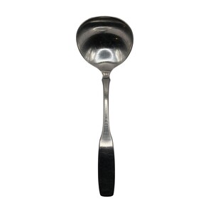 May include: A silver-colored ladle with a rounded bowl and a long, slender handle. The handle has a flared, flat end. The ladle is designed for serving soups, sauces, or other liquids. The utensil is made of a shiny, reflective metal.