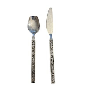 May include: A silver-toned metal spoon and a matching dinner knife. Both utensils feature a long, straight handle decorated with a repeating embossed floral pattern of roses and leaves, while the spoon bowl and knife blade are smooth.