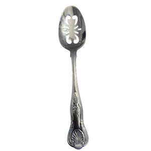 May include: A silver-toned slotted serving spoon featuring a polished finish. The bowl of the spoon contains a symmetrical cutout design, while the handle is decorated with an embossed shell motif and vertical fluting along the stem.