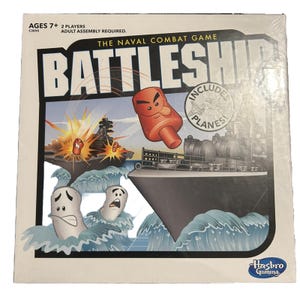 May include: Battleship board game box with the text "BATTLESHIP" in large, bold letters. The box art features a naval battle scene with ships, explosions, and cartoon-like water waves. Includes planes.