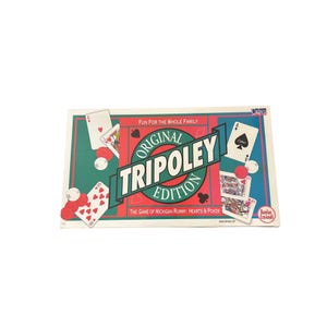 May include: A rectangular board game box for the Original Tripoley Edition, featuring a green and red background with playing card illustrations, poker chips, and the text "Fun For The Whole Family" and "The Game of Michigan Rummy, Hearts & Poker".
