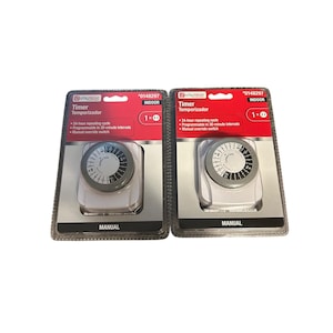 Puede incluir: Dos temporizadores de interior empaquetados. Cada temporizador tiene una esfera blanca con un dial negro y una cubierta de plástico transparente. El embalaje es rojo y negro, con la marca "UTMUTECH" y la palabra "Timer" impresa.