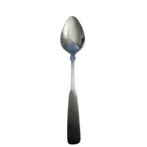 May include: A polished silver-toned metal spoon featuring a smooth, oval-shaped bowl and a long, straight handle with a slightly textured, matte finish. The design is simple and functional, with a clear transition between the bowl and the handle.
