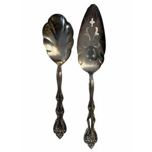Può includere: Due utensili da portata argentati. Uno è un cucchiaio grande con una coppa a forma di foglia. L'altro è un tagliapasta con un design decorativo traforato. Entrambi hanno manici ornati e dettagliati con accenti floreali.