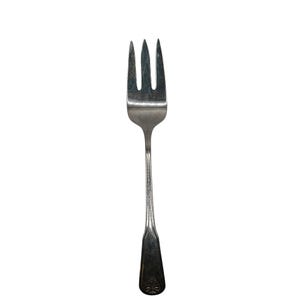 May include: A silver fork with three tines and a long handle. The handle has a decorative design at the base. The fork is made of metal and is likely used for eating. The background is white.