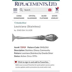 May include: A stainless steel silverware spoon from the Louisiana (Stainless) collection by Oneida Silver. The spoon has a glossy finish and a decorative handle. The item number is 72919.