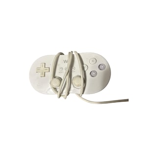 May include: A white Wii remote controller with a cord wrapped around it. The controller has a plus-shaped directional pad, buttons labeled "SELECT" and "START", and other buttons labeled "X" and "B".